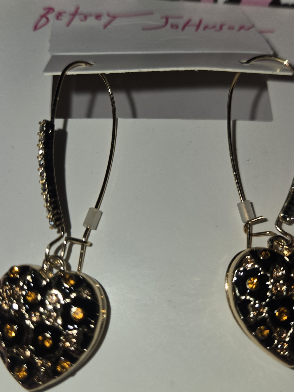 Betsey Johnson Gold Heart Drop Earrings with Amber Rhinestones Leopard Print - Picture 3 of 3